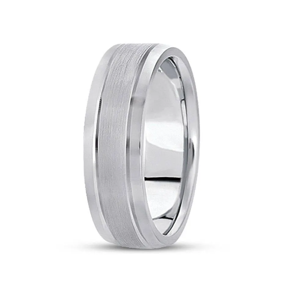 7mm Mens Brushed Flat Wedding Band 14K White Gold