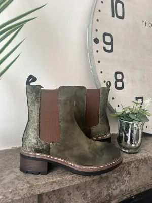 Khaki Faux Suede Metallic Detail Chelsea Boot