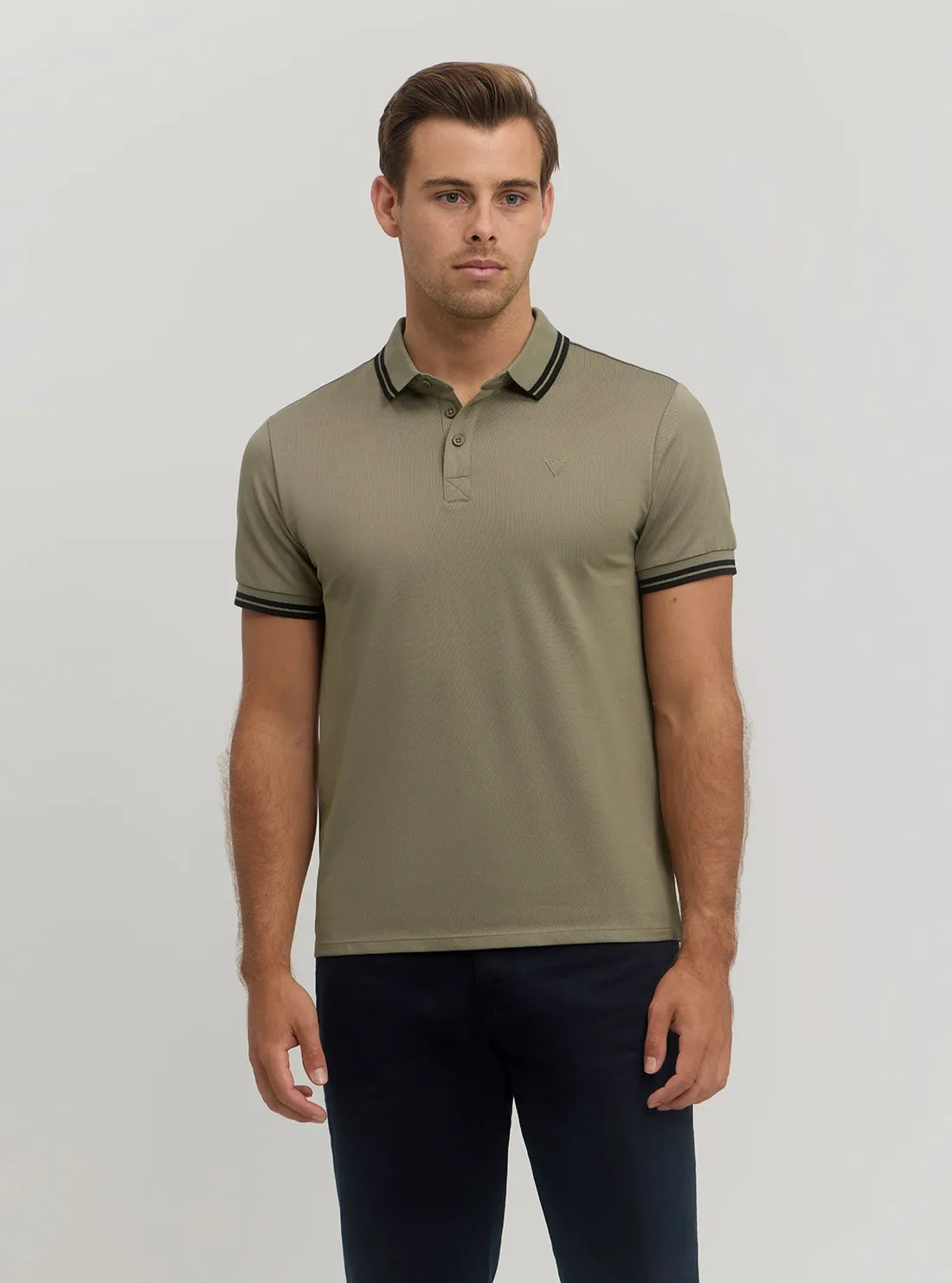 Light Khaki Short Sleeve Sports Pique Triangle Polo Guess