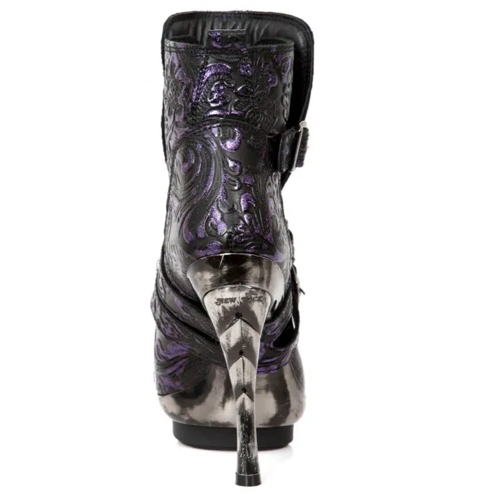 New Rock Schuhe Damen- Stiefelette Boots Absatzschuhe Gothic M-Punk Schnallen Punk Lila Echtleder