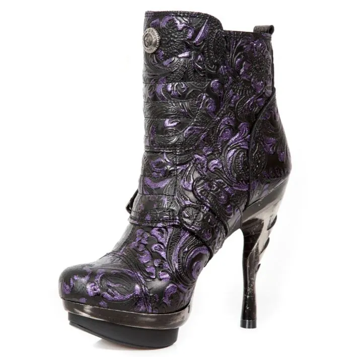 New Rock Schuhe Damen- Stiefelette Boots Absatzschuhe Gothic M-Punk Schnallen Punk Lila Echtleder