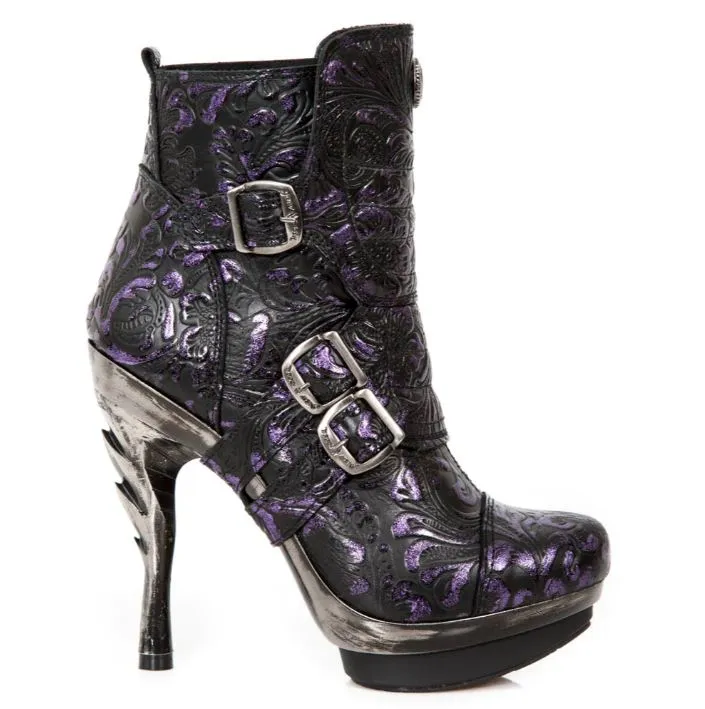 New Rock Schuhe Damen- Stiefelette Boots Absatzschuhe Gothic M-Punk Schnallen Punk Lila Echtleder