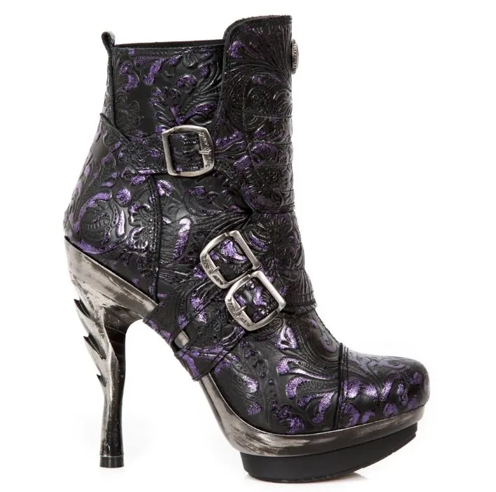 New Rock Schuhe Damen- Stiefelette Boots Absatzschuhe Gothic M-Punk Schnallen Punk Lila Echtleder