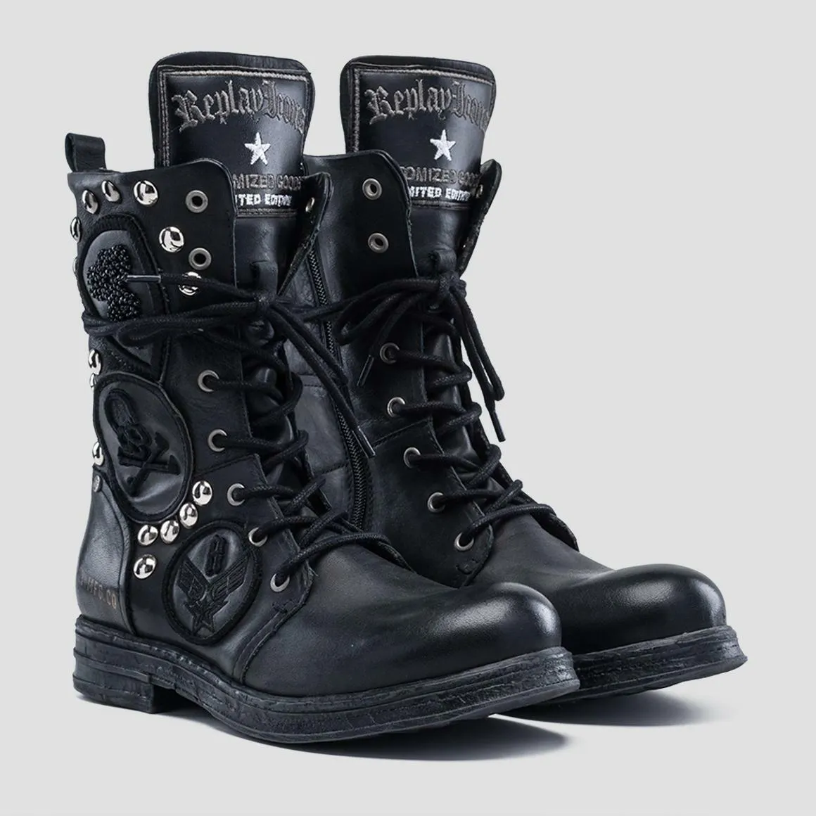 Replay women's shoes shoes boots ankle boots leather black patches rivets